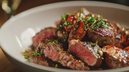 Delicious gourmet steak served with fresh herbs and vibrant toppings.