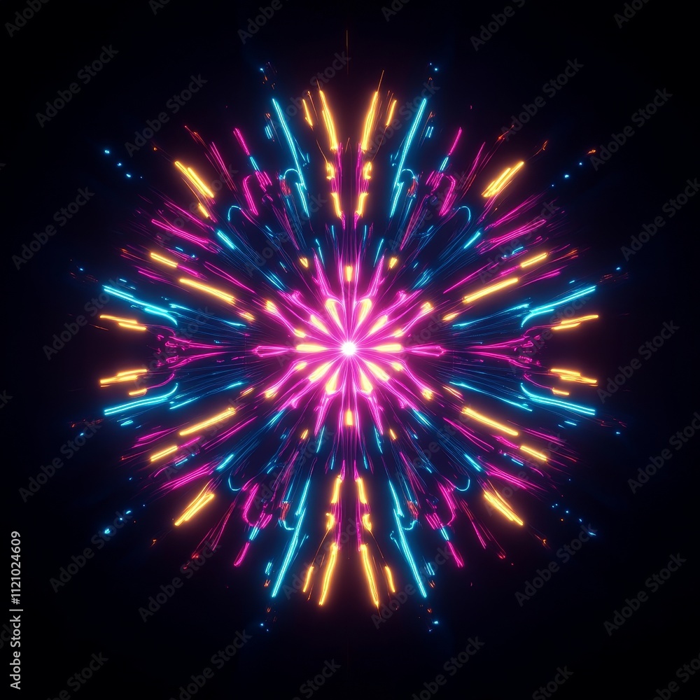 Poster vibrant explosion of neon lights creating a mesmerizing starburst effect against a dark backdrop dur