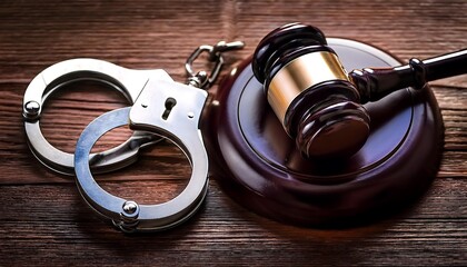 A pair of handcuffs and a gavel on a wooden surface, symbolizing law enforcement and justice.