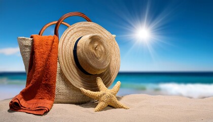 Beach bag, towel, starfish, and straw hat on sand against a bright blue sky.