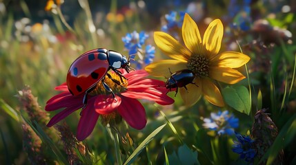 Fototapeta premium Ladybug and Beetle on Vibrant Summer Flowers in a Sunny Meadow