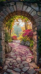 Fototapeta premium Autumnal Garden Pathway Through Stone Arch