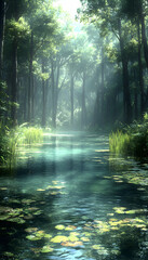Obraz premium Serene forest stream with sunlight filtering through the trees and lily pads floating on the water.