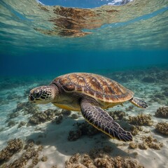 Obraz premium A gentle sea turtle gliding through the clear water near a sandy seabed.