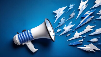 Blue and white megaphone with lightning bolts symbolizes announcements, alerts, and important messages.