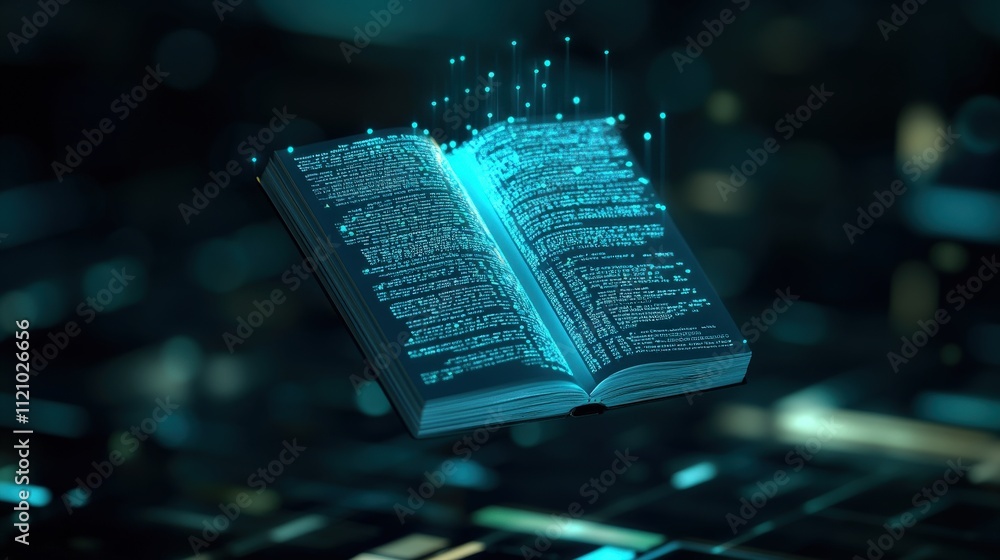Aufkleber Digital Transformation of Knowledge: An Open Book with Floating Data and Information Representing Modern Learning and Technology Innovations in Education