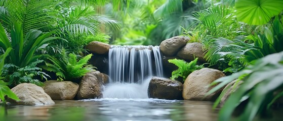 Cascading waterfall surrounded by lush greenery in tropical paradise nature photography serene environment close-up view tranquil concept