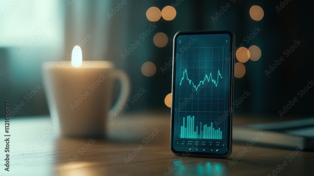 Aufkleber Mobile Phone Displaying Stock Market Chart with Candle Stick Patterns in Cozy Setting with Blurred Background and Warm Candlelight Illumination