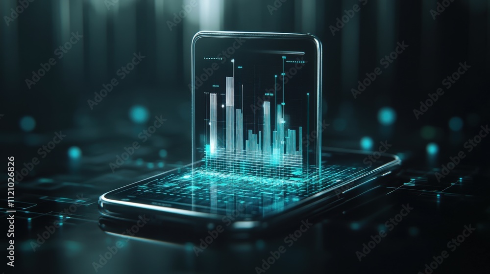 Poster Modern Smartphone Displaying Interactive Data Visualization and Analytics Graphs in a Futuristic Digital Environment with Glowing Blue Elements