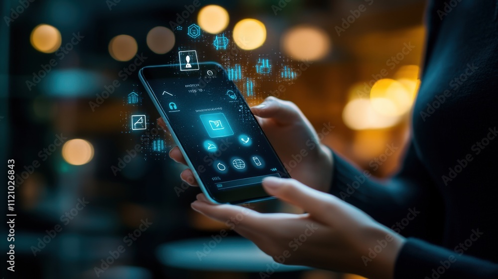 Poster Mobile Device Interaction with Digital Interface Elements in a Modern Environment Highlighting Technology and Connectivity Trends for Stock Photography Use