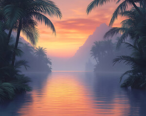Fototapeta premium Serene sunset over tropical island waterway with palm trees and misty mountains.
