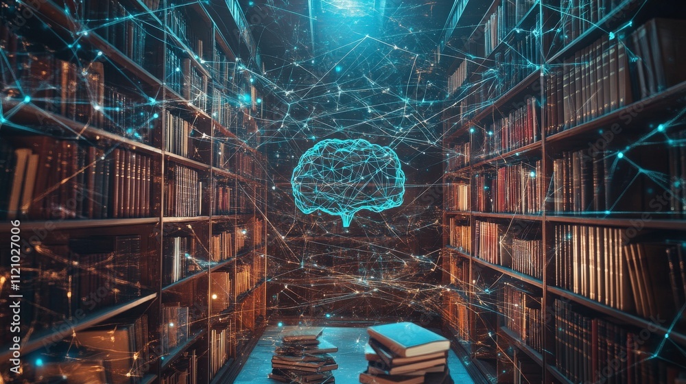 Aufkleber Futuristic Library with Glowing Brain Visualization Representing Knowledge and Artificial Intelligence Overlaid on Bookshelves Surrounded by Digital Connections