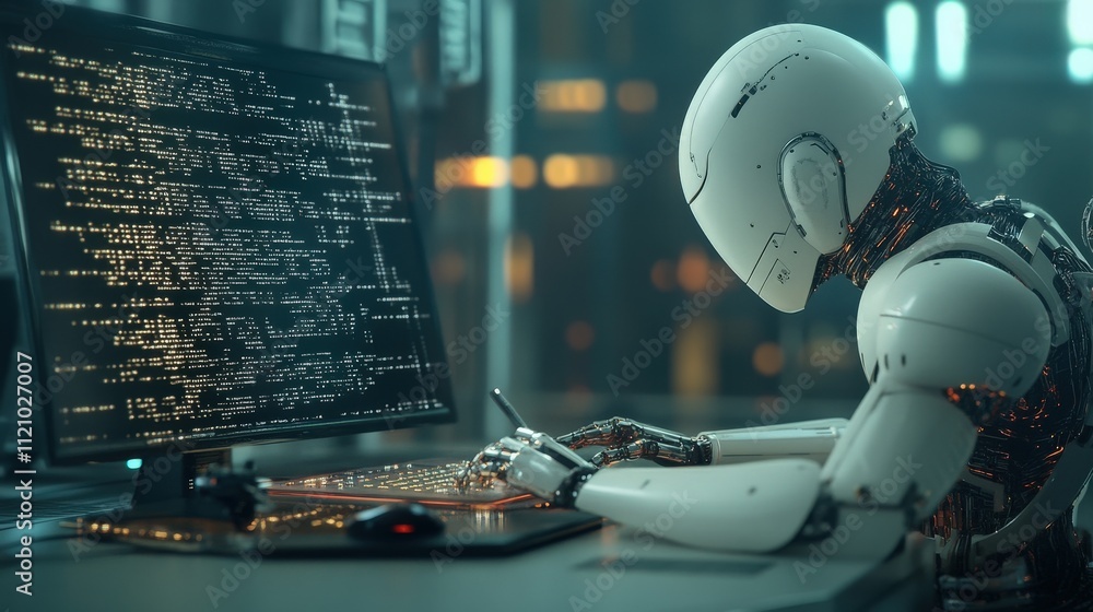 Leinwandbilder Futuristic Robot Writing Code on Computer Keyboard in High-Tech Environment with Glowing Screens and Digital Data Visualization