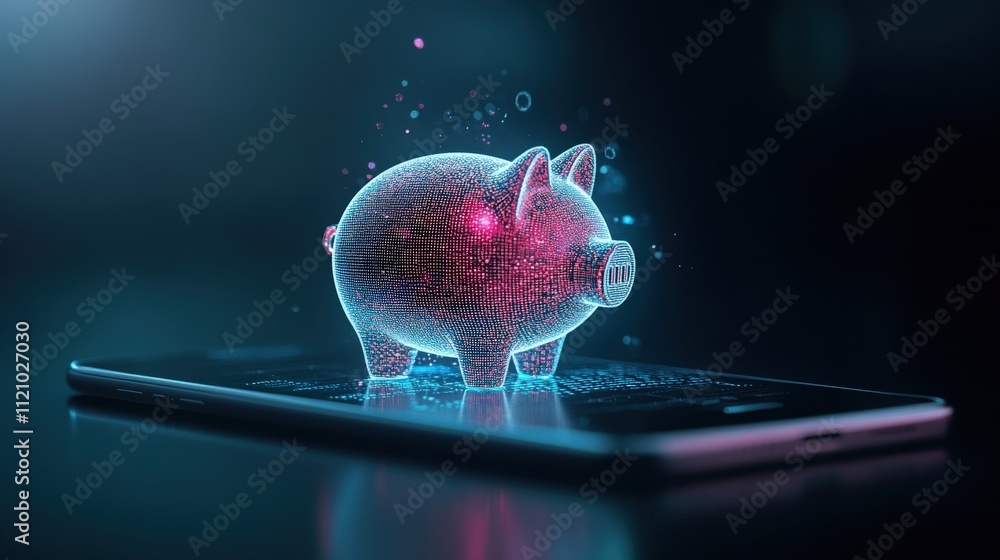 Poster futuristic digital piggy bank concept on smartphone display representing modern finance and savings 