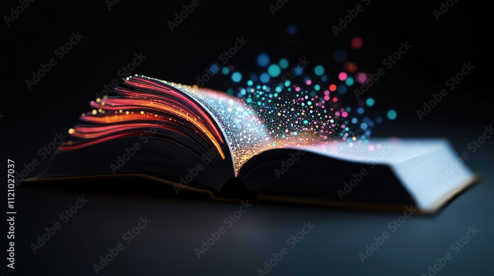 Poster enchanting open book with colorful light trails and glittering particles emerging from pages against