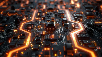 Obraz premium Complex electronic circuit board with glowing orange lights, representing the power of technology and innovation.