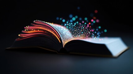 Enchanting Open Book with Colorful Light Trails and Glittering Particles Emerging from Pages Against a Black Background
