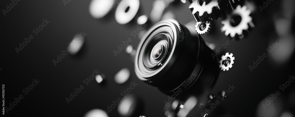Poster close up view of camera lens surrounded by gears, showcasing precision engineering and technology. i