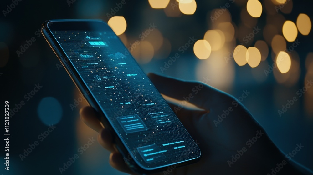 Aufkleber Glowing smartphone display in a dark atmosphere showcasing modern technology, user interface, and digital interaction with illuminated bokeh background effects
