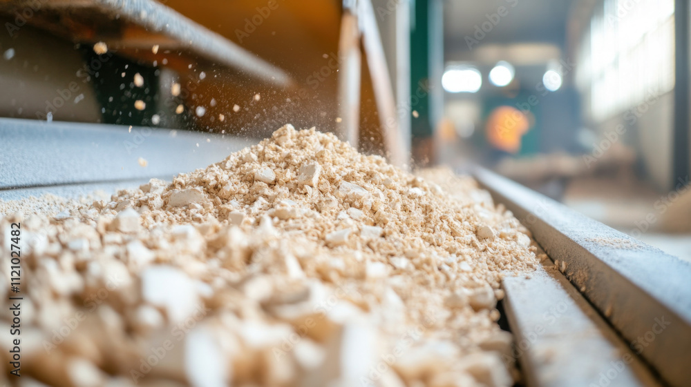 Poster processing raw materials into pulp for paper production, showcasing fine particles and dust in facto