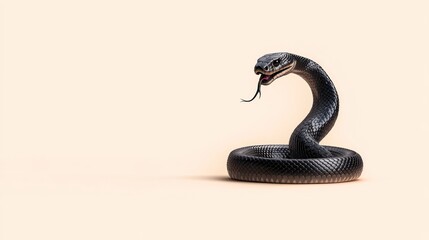 Fototapeta premium A black snake poised with an arched neck and flicking tongue.