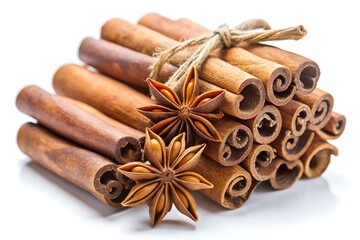Set cinnamon sticks and star anise seeds isolated on white background