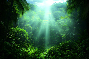 Obraz premium Sunbeams pierce dense, lush rainforest canopy, illuminating vibrant green foliage.