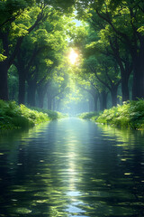 Fototapeta premium Sunlit stream flows through lush green forest trees.