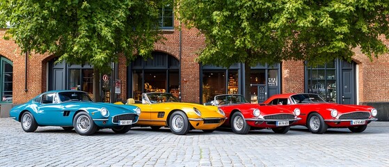 Classic car showcase on cobblestone street urban environment photography vibrant colors nostalgic concept for automotive enthusiasts