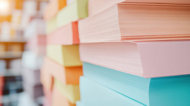 Freshly produced paper reams stacked in vibrant colors, showcasing variety of pastel shades. organized display highlights texture and quality of paper