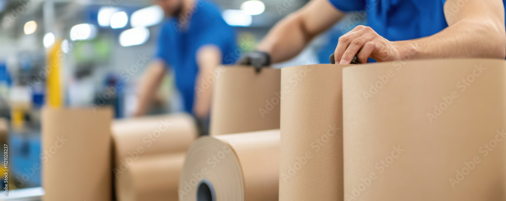 Poster technicians conducting quality checks on large paper rolls in factory. focus is on precision and car