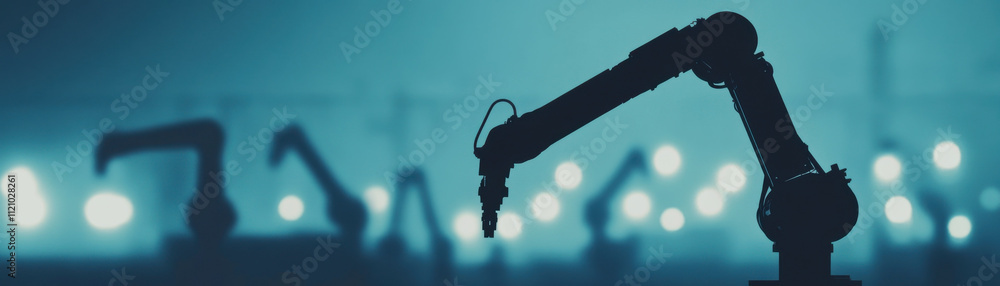 Poster robotic arms in factory setting create futuristic atmosphere, showcasing advanced technology and aut
