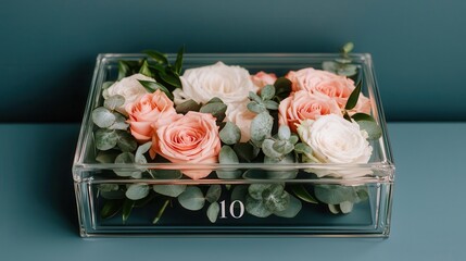Luxurious glass keepsake box with engraved wedding initials, surrounded by delicate floral patterns, representing an elegant wedding souvenir