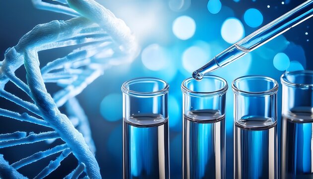 DNA double helix, test tubes, and pipette represent genetic research, genetic engineering, and biotechnology.
