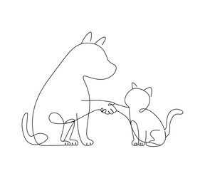 Line art of the dog shaking hands with the cat vector art illustration