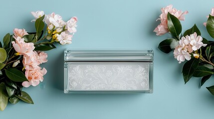 Luxurious glass keepsake box with engraved wedding initials, surrounded by delicate floral patterns, representing an elegant wedding souvenir