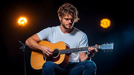 Obraz premium Musician performing acoustic guitar solo dimly lit venue live music event intimate setting side view artistic expression