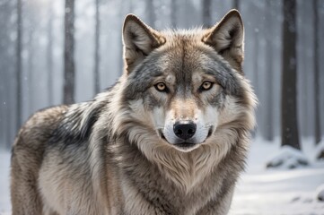 Majestic wolf in snowy forest.