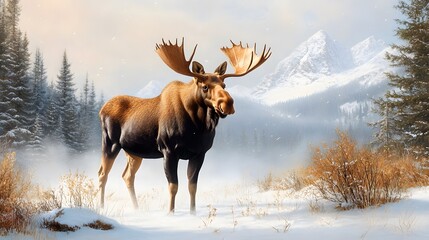 Moose in a snowy meadow nature scene winter landscape mountain view wildlife photography for nature enthusiasts