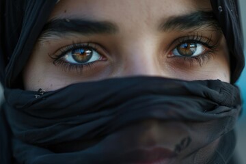 Naklejka premium Close-up of a young woman with striking eyes and a black headscarf.