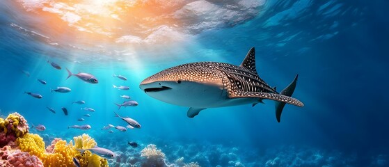 Fototapeta premium Majestic whale shark swimming in ocean depths underwater scene vibrant marine life serene environment wide angle ocean conservation awareness