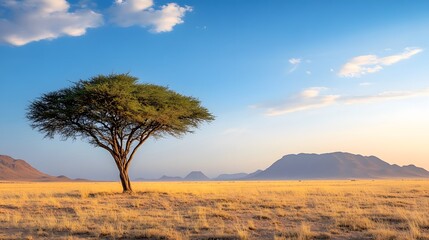 Fototapeta premium Vast desert landscape with a lone tree at dusk nature scene serenity wide view tranquil concept