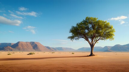 Fototapeta premium Lone tree in vast desert landscape nature photography expansive environment serene viewpoint capturing isolation and beauty