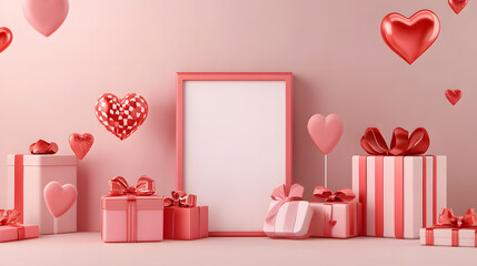 3D rendering of Valentine's Day background with red and pink hearts, gift boxes and empty frame for text design on pastel colored studio background. Love concept.