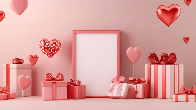 3D rendering of Valentine's Day background with red and pink hearts, gift boxes and empty frame for text design on pastel colored studio background. Love concept.