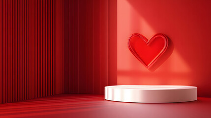 Abstract 3D red room with standing white podium in the shape of a fireplace. with Valentine's day style for product display presentation.