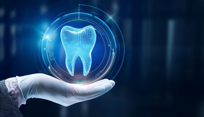 Gloved hand presenting a holographic tooth, symbolizes dental care, oral health, and dental technology.