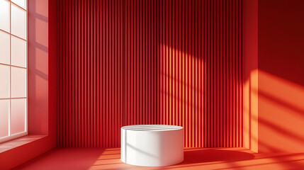 Abstract 3D red room with white cylinder base or podium standing next to the window. Valentine's day for product display presentation. Vector geometric rendering platform design.
