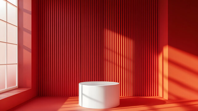 Abstract 3D red room with white cylinder base or podium standing next to the window. Valentine's day for product display presentation. Vector geometric rendering platform design.