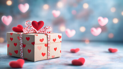 3D rendering of Valentine's Day background with red and pink hearts, gift boxes on a light surface.Vector illustration, high resolution, no text. with blur background style.